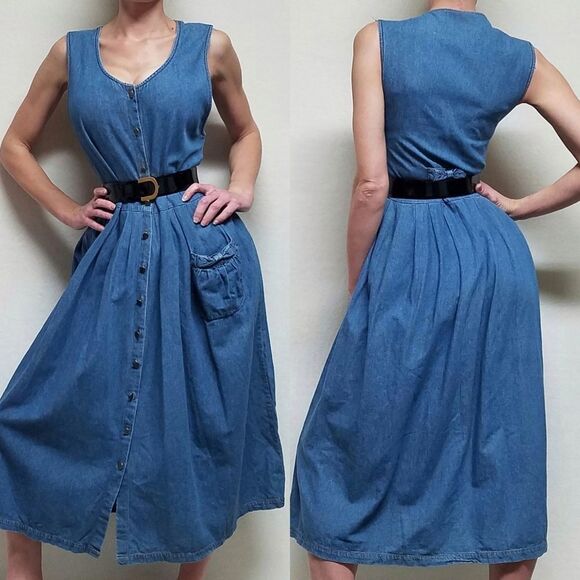 VINTAGE 1970s Talbots Mid Wash Oversized Button Up Belted Bow Denim Dress Medium - Picture 1 of 15